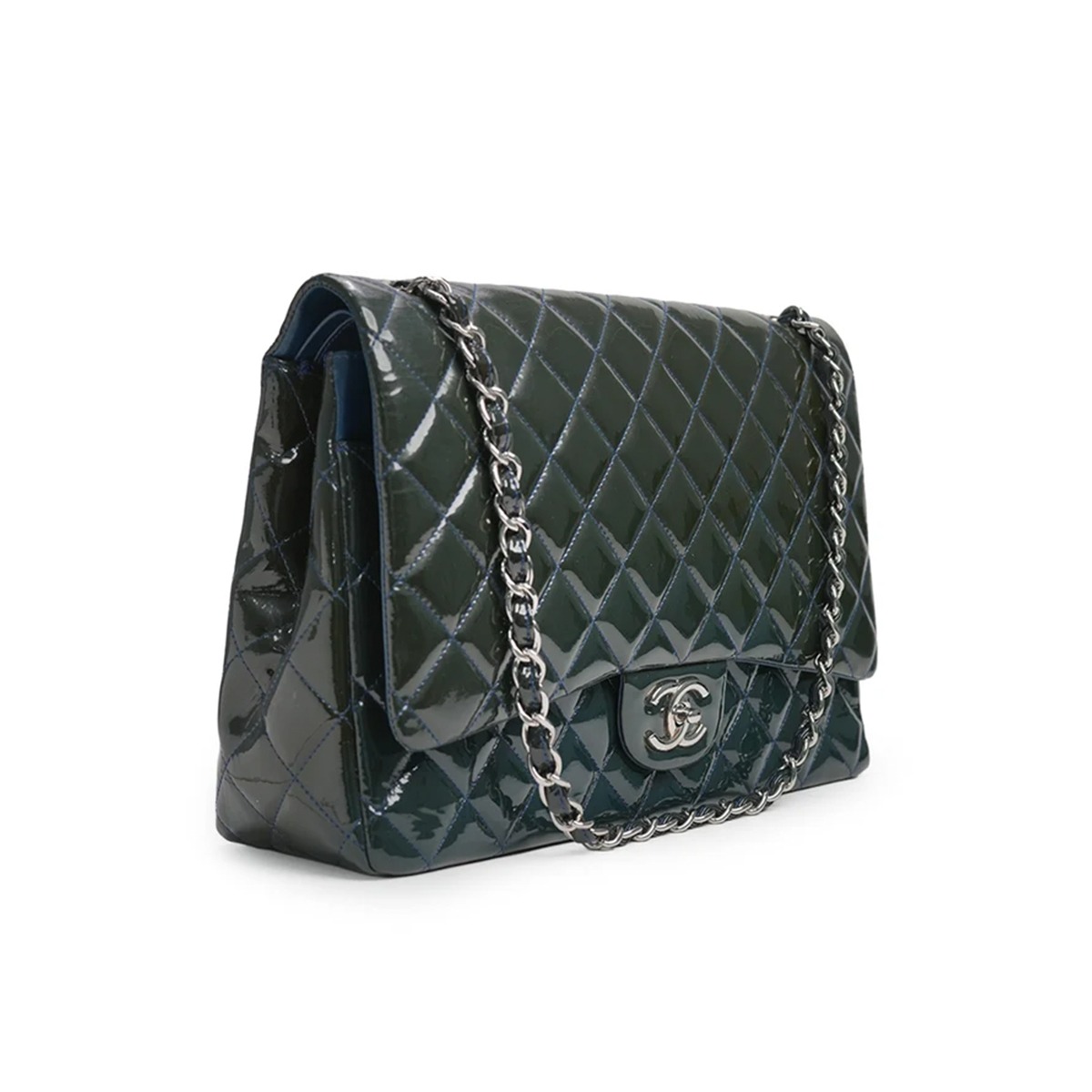 Maxi Classic Double Flap Bag Dark Blue Quilted Patent Leather